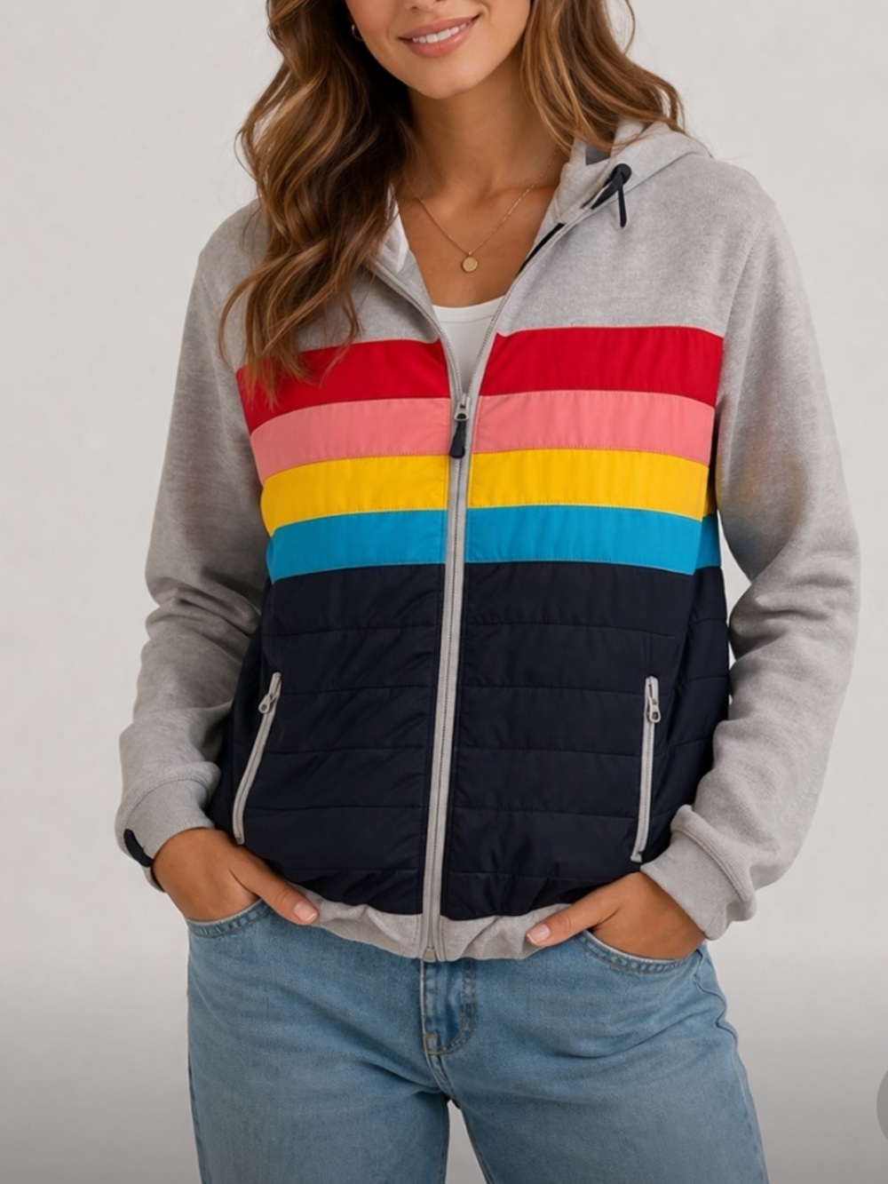 Yo Colorado Women’s Rainbow Large Multi-Colored Puffer Long Sleeve Hoodie Jacket